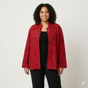 VTG Neiman Marcus Red Silk Embroidered Floral Kimono Jacket Asian Style Sz 2X